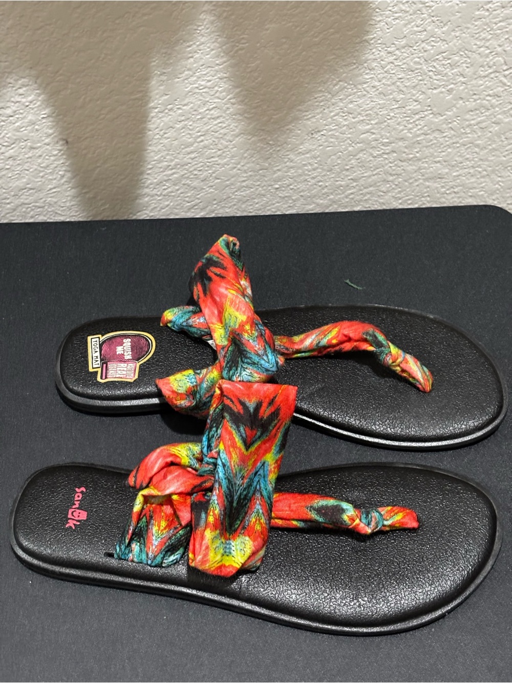 Sanuk Black Sandals with Red & Multicolor Fabric Straps